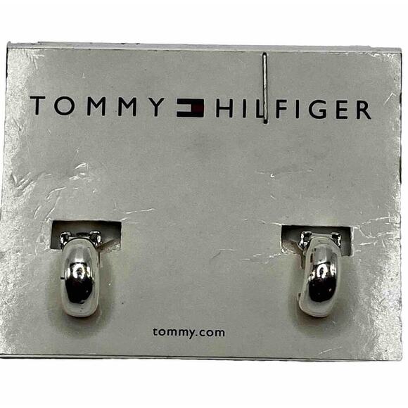 TOMMY HILFIGER SILVER TONE Half Loop Clip On EARRINGS - Vintage NOS - Picture 2 of 6